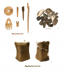 Objects from the East Citadel Shrine: a) bone tools, b) river cobbles, c) clay idols.